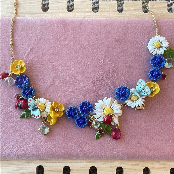 LES NEREIDES Blue and Yellow Floral Necklace with Crocheted Flowers - Picture 1 of 8